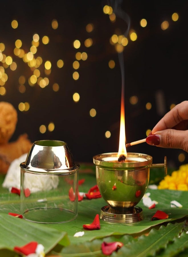 ServDharm Brass Akhand Jyot Diya with Adjustable Bati for Puja, Wick Adjustment Screw and Borosilicate Glass Cover I Medium, 150 ml Oil Capacity, Long Lasting 24 Hours Burning, Wicks Included - Image 3